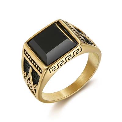 China CLASSIC fashion jewelry charm black agate men's pattern gold silver plated big stone simple design stainless steel ring for sale