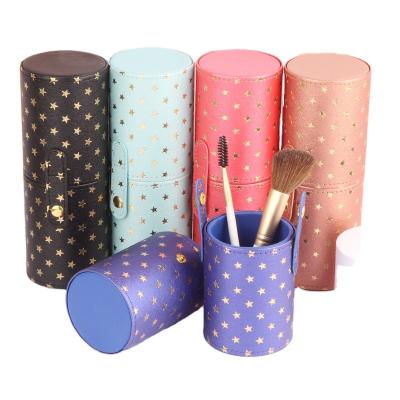 China Fashion Private Label Makeup Brush Case Leather Material Holder Cylinder With Buckle Make Up Brushes Bag Tools for sale