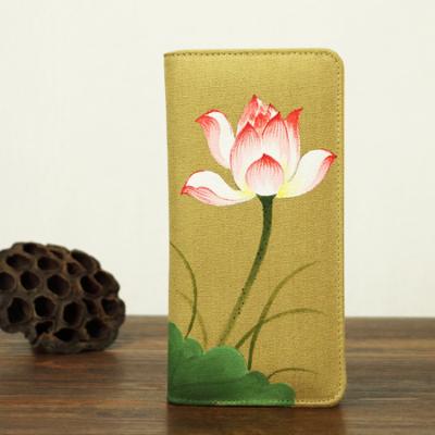 China Retro Travel Khaki Leather Clutch Wallet Canvas With Hand Painted Flower for sale