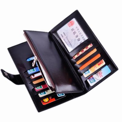 China Oil Wax Leather Black Clutch Bag With Multi Card Position , Thin Long Trifold Womens Wallet for sale