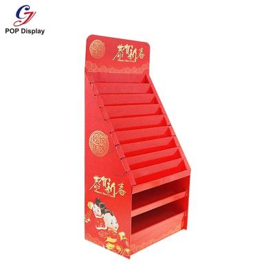 China Retail Stores Fashion Design Logo Printing Cardboard Display Custom Pedestal Paper Floor Standing Tiered Display Stand For Red Packet for sale