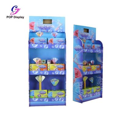 China Easy Assembly Easy Assemble Customized Size Corrugated Cardboard Display Stand Paper Floor Display For Bubble Water Kids Toy At Supermarket for sale