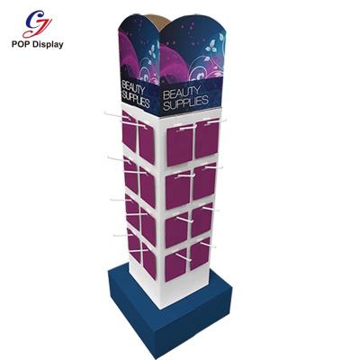 China Revolving Dinner Market Customer Size Cardboard Display with Peg Hooks Corrugated Paper 4 Sides Hang Hanging Displays for Shoes Promotion for sale