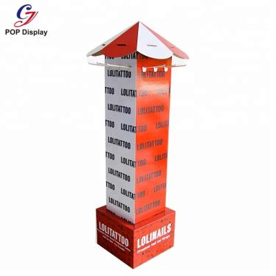 China Clothing Stores 4 Sides Rotating Supermarket Stand T-shirt Cardboard Floor Turntable Portable Paper Display Racks with Hooks to Clothing Stores for sale