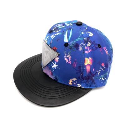 China OEM JOINT Floral Printing Bill Snapback Hat Custom Metal Plate Leather Hat for sale