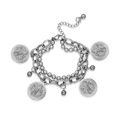 China Best Selling Double Layers Punk Silver Color Bracelet Stainless Steel Round Shape Pendant Bracelets for sale