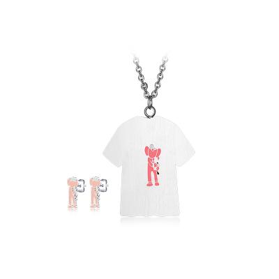 China Korean pink steel titanium pattern cartoon earrings necklace set cute pendant earrings wholesale for sale