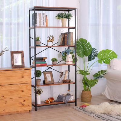 China (Size) 5 Shelf Adjustable Industrial Bookcase Metal and Wood Shelves, Rustic Bookcase Storage Shelf Standing Organizer for sale