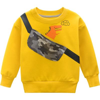 China Custom Cheap Anti-pilling Dinosaur Printed Heavy Cotton Fleece Long Sleeve Paintbrush Crewneck Kids Warm Yellow Boy Pullover Sweater for sale