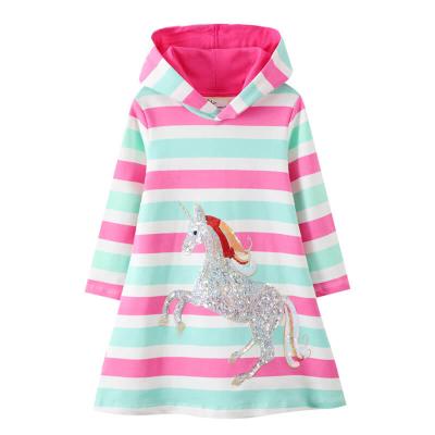 China Custom Cotton Fleece Unicorn Applique Striped Cartoon Anti-wrinkle Print Hands Warm Kids Fall Winter Full Clothes Baby Sweater Dress for sale