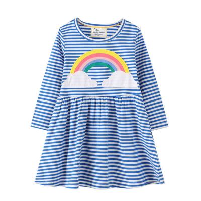 China Blue White Striped Ruffle Casual Fancy Autumn Dress Applique Anti-wrinkle Long Sleeve Rainbow Cotton Thick Knitted Baby Dress For Kids for sale