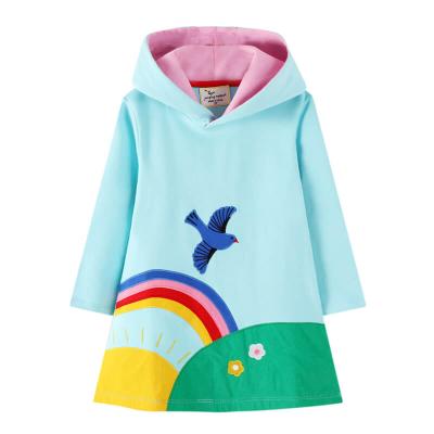 China Fashion Hot Blue Rainbow Anti-wrinkle Reto Knee Length Knitted Long Sleeve Velvet Baby Autumn Kid Sweater Outfit Floral Dress With Hood for sale