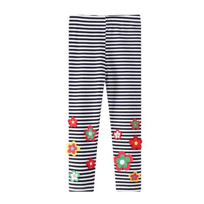 China Anti-wrinkle Cartoon Applique Stripe Print Basic Bright Black or White Color Pants Kids Baby Printing Flower Leggings Tights For Girls 3 Years Old for sale