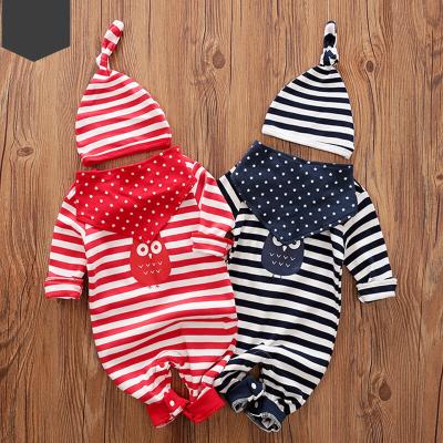 China 3 Piece Cartoon Design Toddler Longsleeve Striped Organic Onesie Jumpsuit Boy Girl Newborn Baby Romper Clothes With Matching Hat for sale