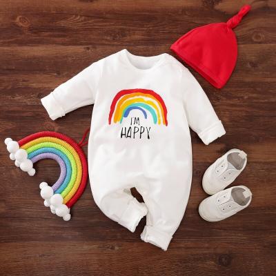 China Organic I AM Happy Bodysuit Unisex Longsleeve 2 Pieces Clothes Jumpsuit Romper Rainbow White Baby Onesie with Hat Set for Newborn Girl for sale