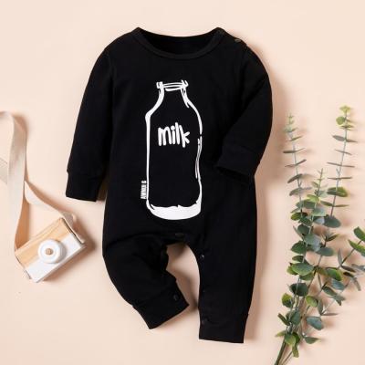 China Longsleeve Baby Onesie Without Lables And Tags Newborn Infant All Bottle Milk Print Black Jumpsuit In One Jumper Snap Shoulder Bodysuit for sale