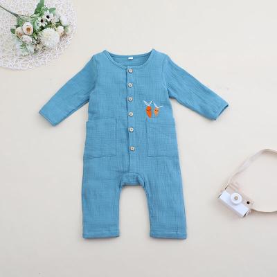 China Supplier Canvas Casual Overalls Romper Vintage Longsleeve Baby Button Cartoon Spring And Fall Newborn Onesie For Crawling With Front Pocket for sale