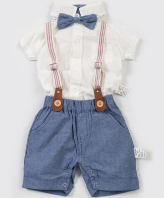 China Good Selling Anti-Shrinkage Boys Clothing Set White Woven Shirt With Bow Tie+Suspender Jeans Abbreviations Baby Boy for sale