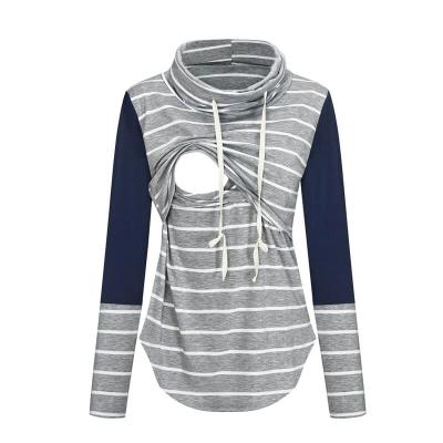 China Maternity Nursing Top Blouse And Casual Turtle Neck Stripe Quality Breathable Mom Long Sleeve T-Shirts For Pregnancy Nursing Women for sale