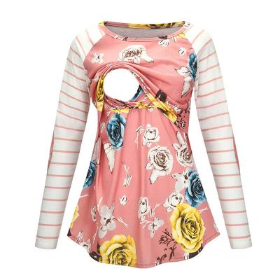 China OEM Pregnancy Clothes Maternity Nursing T-shirt Women Nursing Splice Stripe Floral Print Long Sleeve Breathable Blouse Top Mum for sale