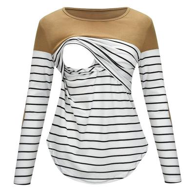 China Fashion Breathable Stripe Splice Long Sleeve Round Neck Cotton Maternity Nursing Casual T-Shirt Tops For Pregnant Caregiver Women for sale