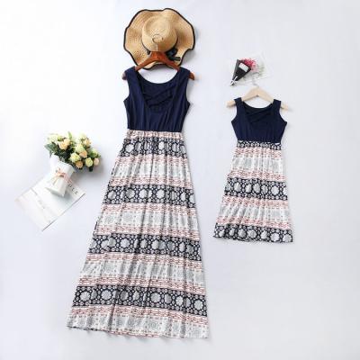 China QUICK DRY fashion women kids girl boutique long sleeveless cross back spliced ​​beach floral print summer casual dress for mom and daughter for sale