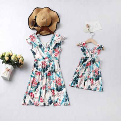 China Spring Women Kids Flower Girls QUICK DRY Flower Midi Fashion Matching Sleeveless Boho Mom Girl Dress Floral Casual V-Neck Ruffle For Birthday for sale