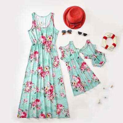 China Fasion Women Girls Kids Summer QUICK DRY Stretch Flower Maxi Flowy Long Blue Sky Sleeveless Knit Tank Mom and Baby Matching Dress for sale