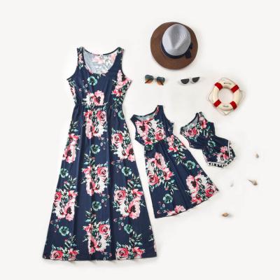 China QUICK DRY Summer Women Girl Clothes Navy Blue Flower Ruffle Sleeveless Maxi Summer Swirl Design Mom and Daughter Print Matching Dress for sale