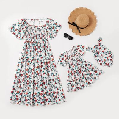 China Rose Flower Print Floral Casual Elegant Mother and Daughter Dresses Swing Summer Empire Waist Flutter Sleeve Women Girls Classy QUICK DRY for sale