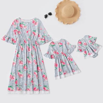 China Fashion Girl QUICK DRY Women Button Front Lace Edge Ruffle Short Sleeve Floral Cotton Lavender Midi Summer Mother-Daughter Dress Baby for sale