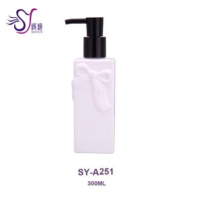 China Suitable 300ml PE empty and square bow with flat type shampoo and body care lotion bottles A251 for sale