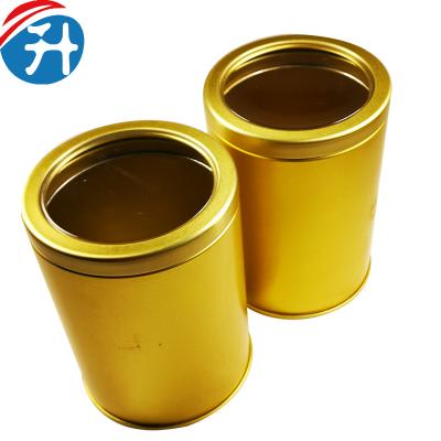 China Food Metal Round Tin Slip Gold Foil Can Round Spice Metal Tin Box With Window for sale