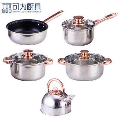 China Stocked Stainless Steel Combination Cookware Set Kitchen Cooking Cookware Kettle Stock Pot Milk Pan Frying Pan for sale