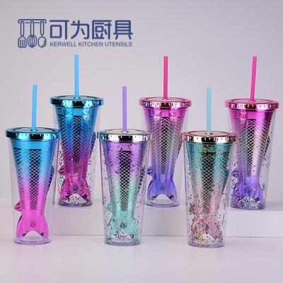 China Sustainable sublimation Mermaid glitter double wall plastic bling tumbler for sale