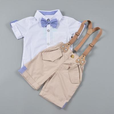 China Casual Boys Formal Gentleman Bowtie Short Sleeve Shirt +Suspenders Shorts Kids Clothing Set Suits for sale