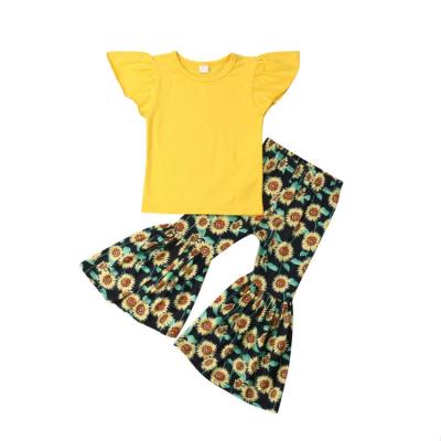 China Baby Casual Suit Summer Yellow Top With Bell-Bottom Pants Sunflower Pattern Gaiters Kid's Sleeve Jacket Ruffle Suit Small for sale