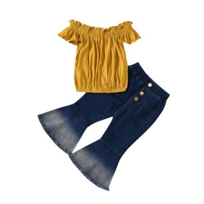 China Wholesale Baby Kids Girls Casual Clothes Toddler Clothing Sets + Denim Flared Pants Trend Kids Clothes for sale