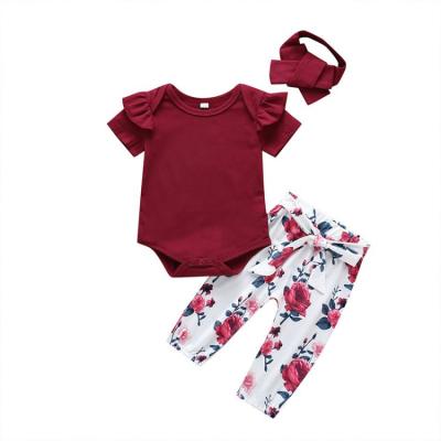 China 2021 casual new infant tops with bow flower print panties ruffle three piece sleeve solid cotton short outfit babies clothing set for sale