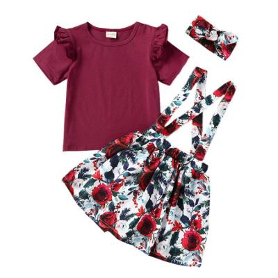 China Floral Matching Set Casual Hot Sale Pattern Gallus Dress Babies Clothes And Short Sleeve Tops Headband 3pcs for sale