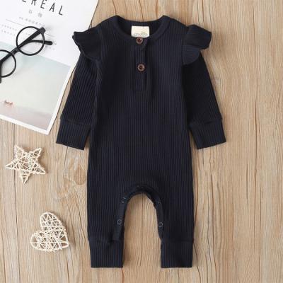 China 2021new style casual ruffled infant clothing long sleeve solid babies' rompers cotton ribbed babies' jumpsuit for sale