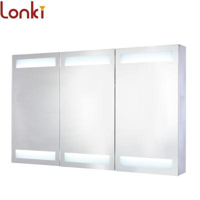 China 2018 modern bestselling stainless steel triple door dressing table mirrors led light and led mirror cabinet for sale