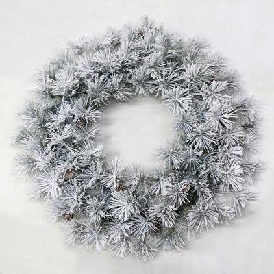 China PVC Tilts New Style Semple Free Artificial Christmas 24Ft Winter Flocked White Pine Pre Needle Bed Wreath With Battery for sale