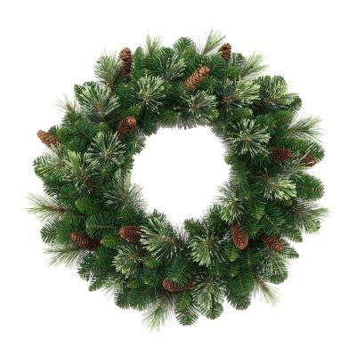 China PVC Bows Customizable Stocked Artificial Wire Frames 24Ft Pre Lit Pvc&Cashmere Pine Cone Christmas Wreath With Battery for sale