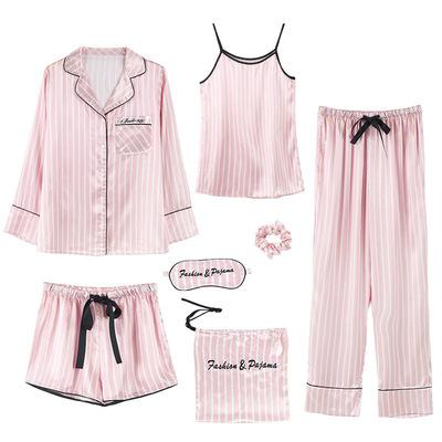 China 2021 Luxury Custom Printed Pajamas QUICK DRY Striped Pattern 7 Pieces 7Pcs Soft Ice Printed Silk Pajamas Set Women Sleepwear Nightgowns Set for sale