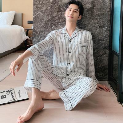 China Hot Sale Fashion QUICK DRY High Qaulity Striped Two Pieces Long Sleeve Mens Satin Pajamas Men Pajama Set Sleepwear Night Wear Sleepwear for sale