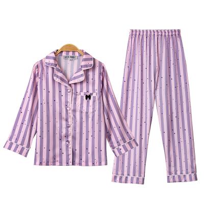 China QUICK DRY Hot Selling Custom Made Kids Boys Girls 2 Pieces Sets Purple Striped Soft Satin Long Sleeve Pajamas Pajamas Sleep Wear Set for sale