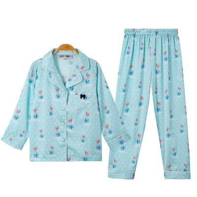 China Fashion QUICK DRY Cartoon Girls Boys Kids Pajamas Set Princess Print Long Sleeve Satin Blue Silk Children Sleepwear for sale