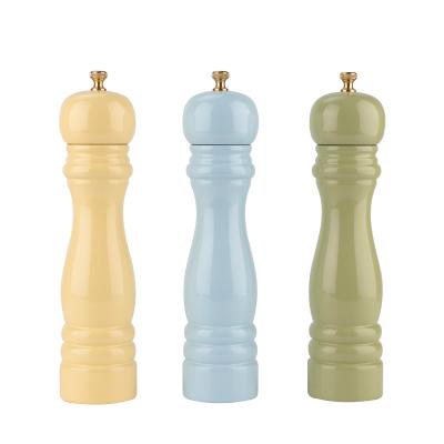 China Viable Gift 8inch Sets Salt Shaker Premium Rubber Wood Salt Pepper Grinder PU Painting Wood Pepper Mill for sale