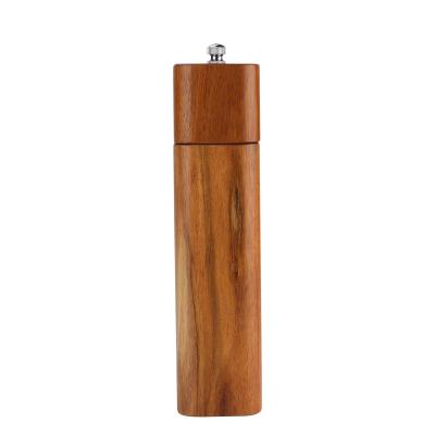 China Viable square pepper and salt grinder, acacia wood pepper mill, kitchen manual grinding bottle for sale